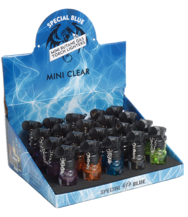 SPECIAL BLUE MINI CLEAR TORCH LIGHTERS SINGLE FLAME DISPLAY (20pcs)